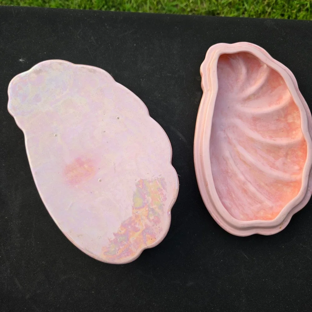 Vintage Pink Iridescent Mermaidcore Seashell Trinket Vanity Box Tray Glaze Shell